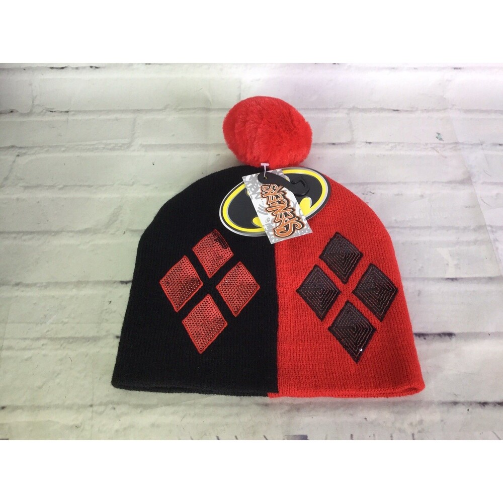 DC Batman Harley Quinn Sequin Knit Pom Cuff Beanie Hat Cap Black Red Color Block